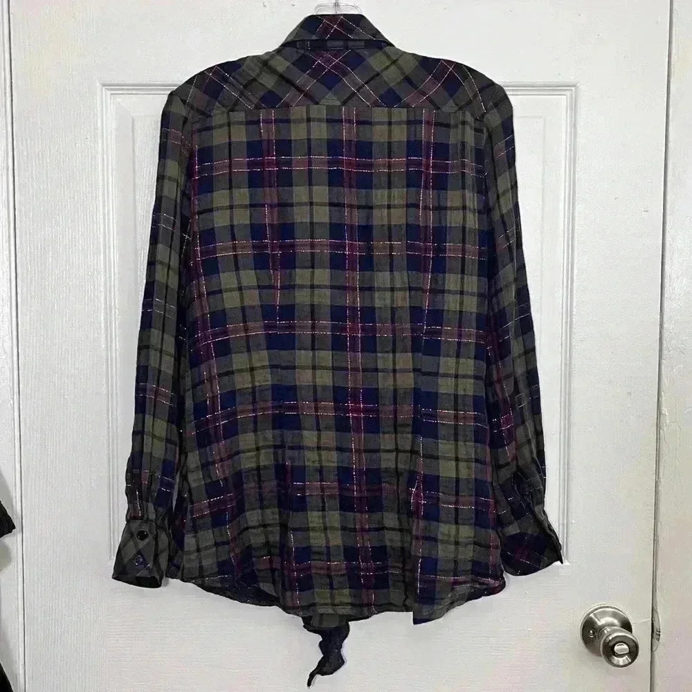 FINLEY Plaid Ruffle Button Down with Gold Thread | size small - Picture 7 of 9